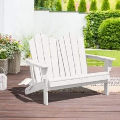 Classic White Plastic Adirondack Chair 2-Person Outdoor Loveseat With Foldable Design -More Furniture Store jearey plastic adirondack chairs srydy write c3 1000