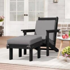 Classic Outdoor Patio HDPE Plastic Adirondack Chair With Footrest Ottoman In Black