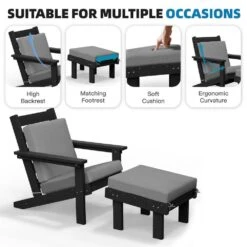 Classic Outdoor Patio HDPE Plastic Adirondack Chair With Footrest Ottoman In Black -More Furniture Store jearey plastic adirondack chairs zbqwy bk c3 1000