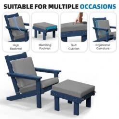 Classic Outdoor Patio HDPE Plastic Adirondack Chair With Footrest Ottoman In Navy Blue -More Furniture Store jearey plastic adirondack chairs zbqwy na c3 1000