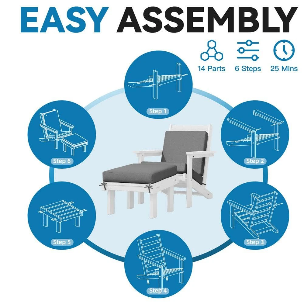 Classic Outdoor Patio HDPE Plastic Adirondack Chair With Footrest Ottoman In White 8 Classic Outdoor Patio HDPE Plastic Adirondack Chair With Footrest Ottoman In White - Image 8