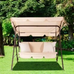 Outdoor 3-Person Steel Porch Swing With Adjust Canopy In Beige -More Furniture Store jearey porch swings qq beige 31 1000
