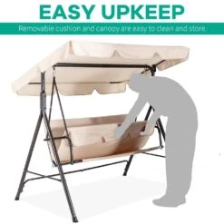 Outdoor 3-Person Steel Porch Swing With Adjust Canopy In Beige -More Furniture Store jearey porch swings qq beige 77 1000