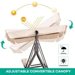 Outdoor 3-Person Steel Porch Swing With Adjust Canopy In Beige -More Furniture Store jearey porch swings qq beige c3 1000