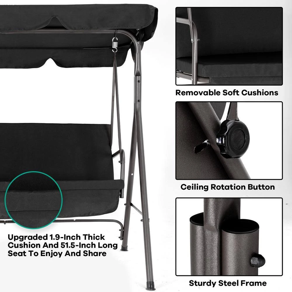 Outdoor 3-Person Steel Porch Swing With Adjust Canopy In Black 4 Outdoor 3-Person Steel Porch Swing With Adjust Canopy In Black - Image 4