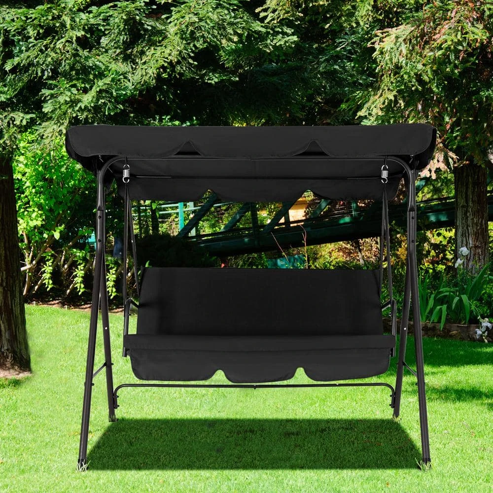Outdoor 3-Person Steel Porch Swing With Adjust Canopy In Black 7 Outdoor 3-Person Steel Porch Swing With Adjust Canopy In Black - Image 7