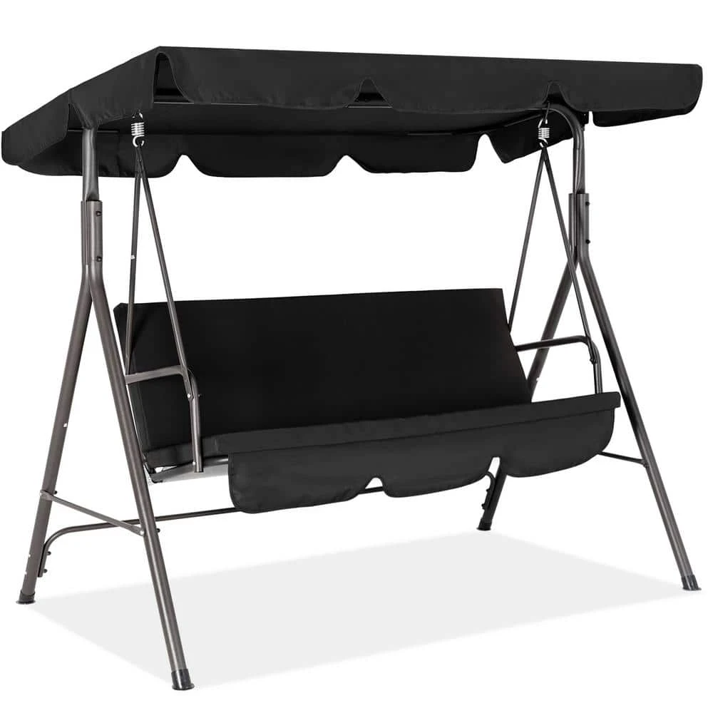Outdoor 3-Person Steel Porch Swing With Adjust Canopy In Black 1 Outdoor 3-Person Steel Porch Swing With Adjust Canopy In Black
