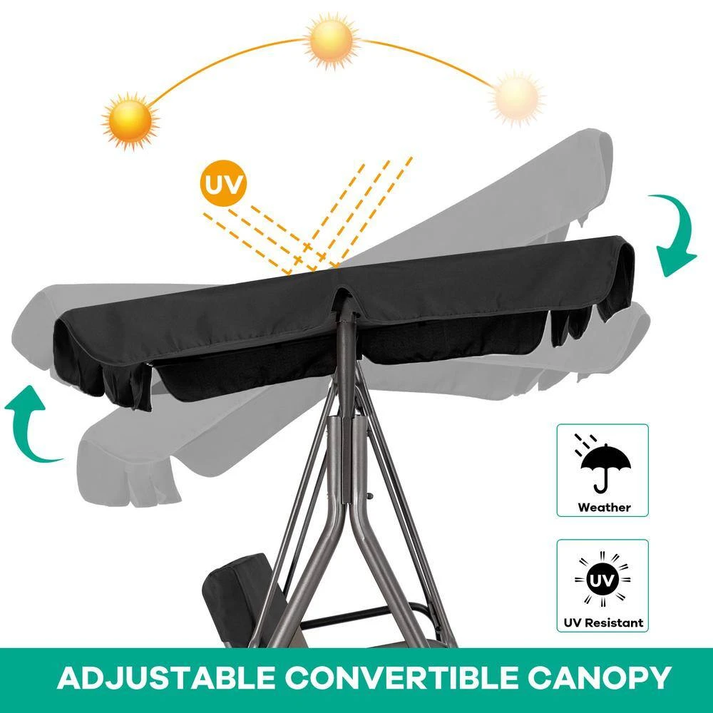 Outdoor 3-Person Steel Porch Swing With Adjust Canopy In Black 6 Outdoor 3-Person Steel Porch Swing With Adjust Canopy In Black - Image 6