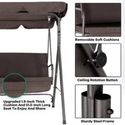 Outdoor 3-Person Steel Porch Swing With Adjust Canopy In Brown -More Furniture Store jearey porch swings qq brown 1d 1000