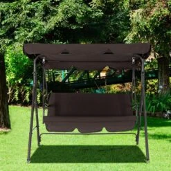 Outdoor 3-Person Steel Porch Swing With Adjust Canopy In Brown -More Furniture Store jearey porch swings qq brown 31 1000