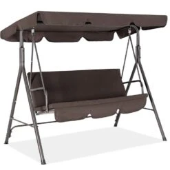 Outdoor 3-Person Steel Porch Swing With Adjust Canopy In Brown