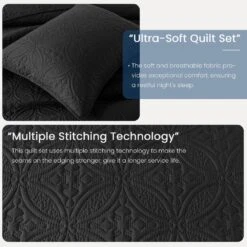 3-Piece Black Modern Microfiber Full/Queen-Quilt-Set Quilt Set -More Furniture Store jearey quilts coverlets bk cg3jt f q 4f 1000