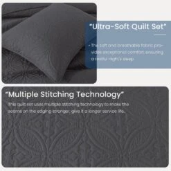 3-Piece Dark Gray Modern Microfiber Full/Queen-Quilt-Set Quilt Set -More Furniture Store jearey quilts coverlets gy cg3jt f q 4f 1000