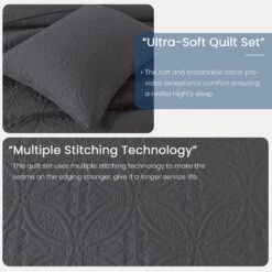 3-Piece Dark Gray Modern Microfiber King-Quilt-Set Quilt Set -More Furniture Store jearey quilts coverlets gy cg3jt k 4f 1000