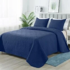 3-Piece Navy Modern Microfiber Full/Queen-Quilt-Set Quilt Set