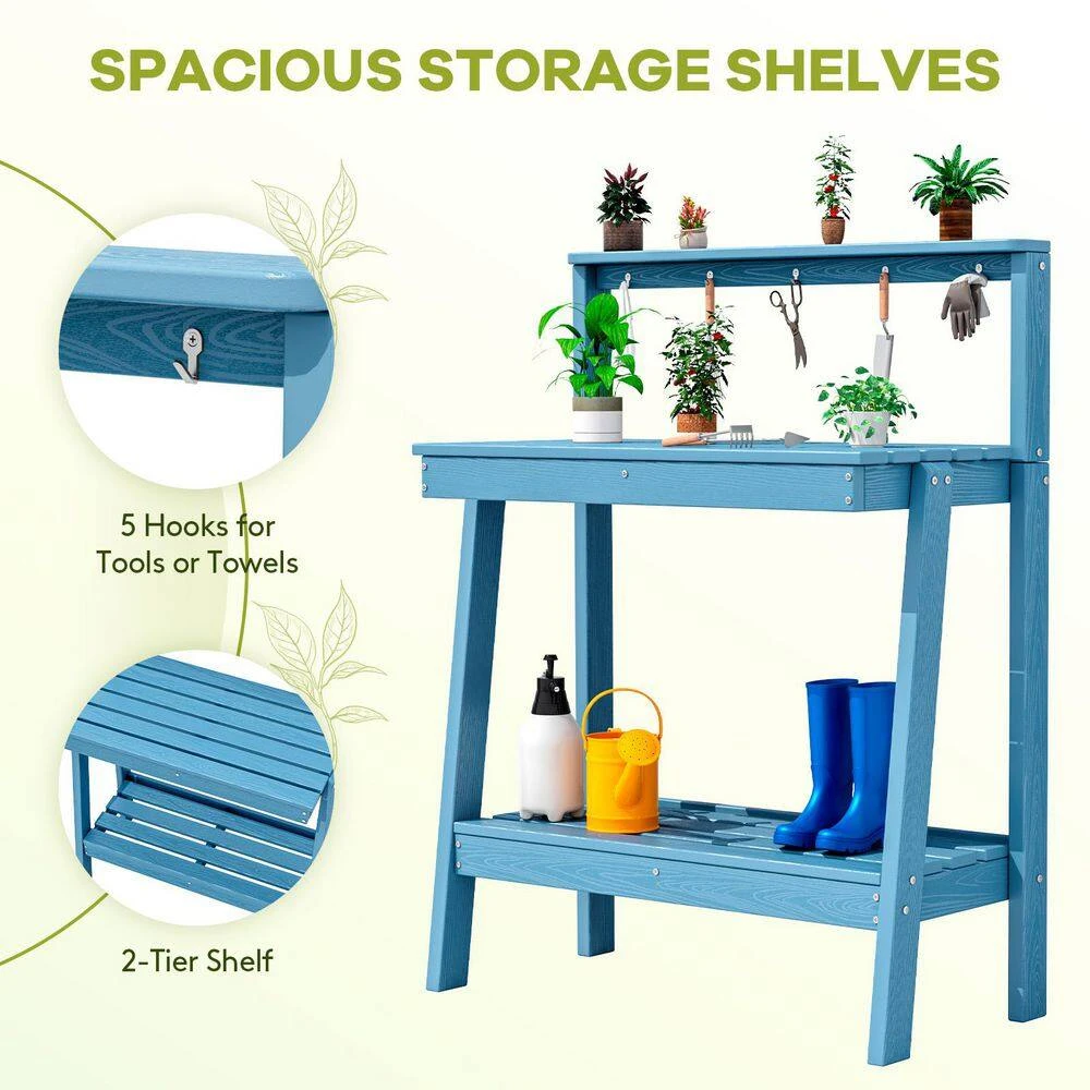 45.5 In. H X 34.8 In. W X 17.7 In. D Light Blue HDPE Potting Bench Table, Multi-Purpose Plant And Storage Shelf 4 45.5 In. H X 34.8 In. W X 17.7 In. D Light Blue HDPE Potting Bench Table, Multi-Purpose Plant And Storage Shelf - Image 4