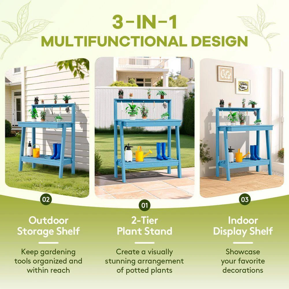 45.5 In. H X 34.8 In. W X 17.7 In. D Light Blue HDPE Potting Bench Table, Multi-Purpose Plant And Storage Shelf 3 45.5 In. H X 34.8 In. W X 17.7 In. D Light Blue HDPE Potting Bench Table, Multi-Purpose Plant And Storage Shelf - Image 3