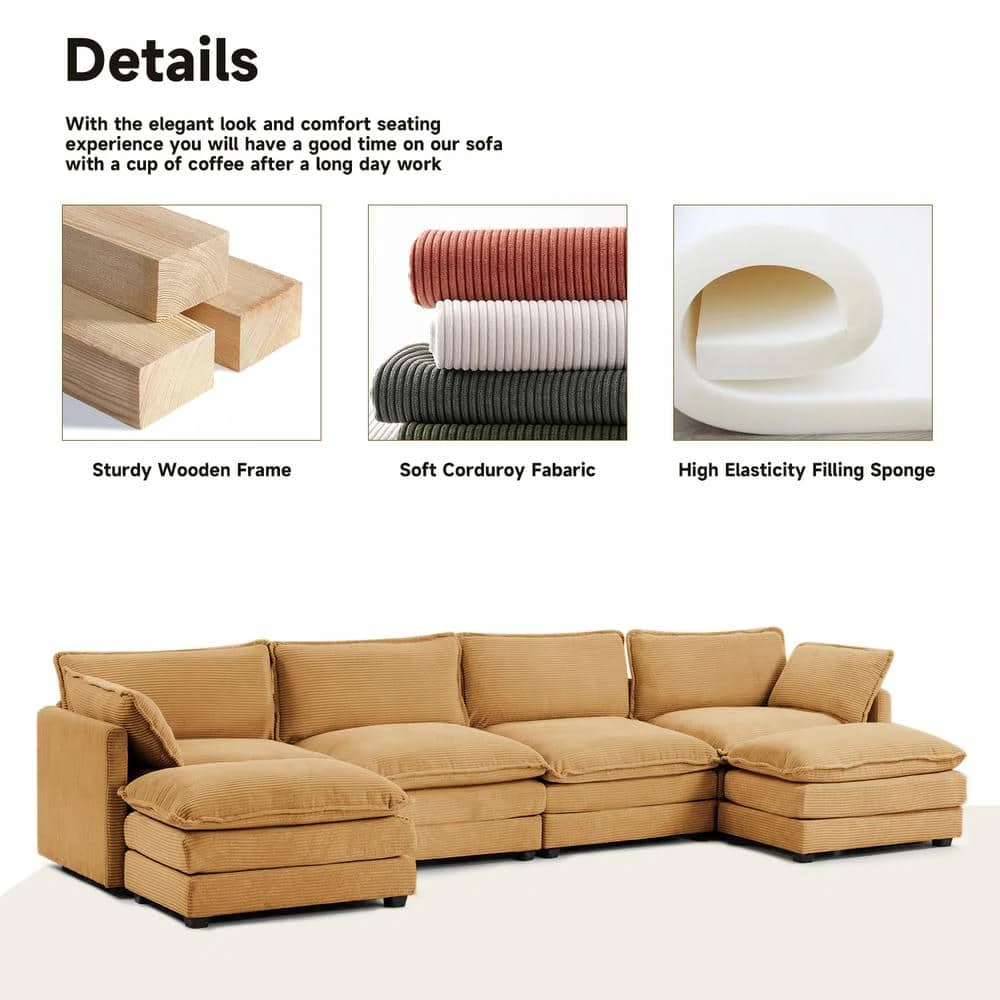147 In. W 6-Piece Modern Fabric Sectional Sofa With Ottoman In Light Brown 7 147 In. W 6-Piece Modern Fabric Sectional Sofa With Ottoman In Light Brown - Image 7