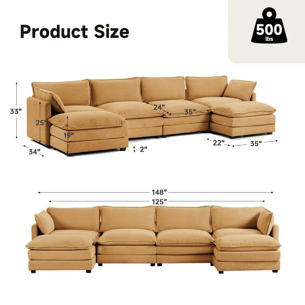 147 In. W 6-Piece Modern Fabric Sectional Sofa With Ottoman In Light Brown 3 147 In. W 6-Piece Modern Fabric Sectional Sofa With Ottoman In Light Brown - Image 3