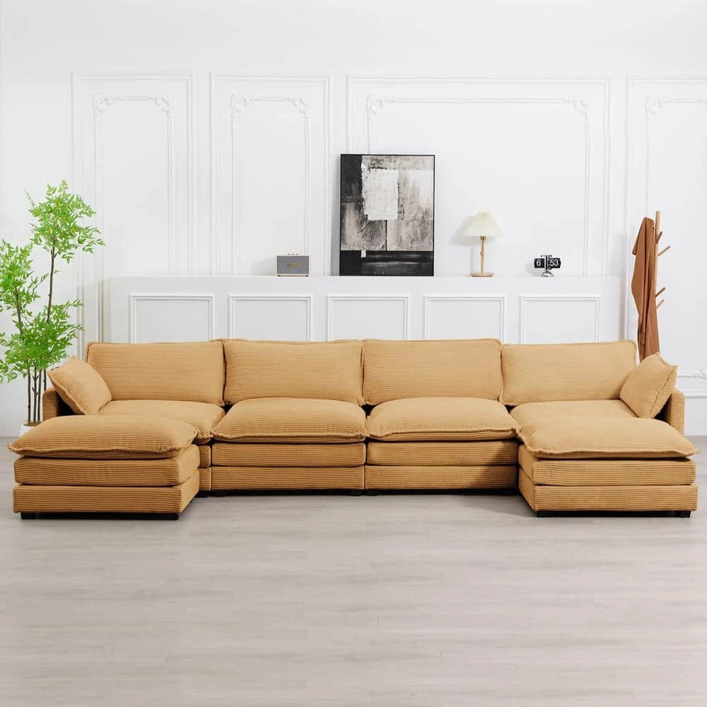 147 In. W 6-Piece Modern Fabric Sectional Sofa With Ottoman In Light Brown 1 147 In. W 6-Piece Modern Fabric Sectional Sofa With Ottoman In Light Brown