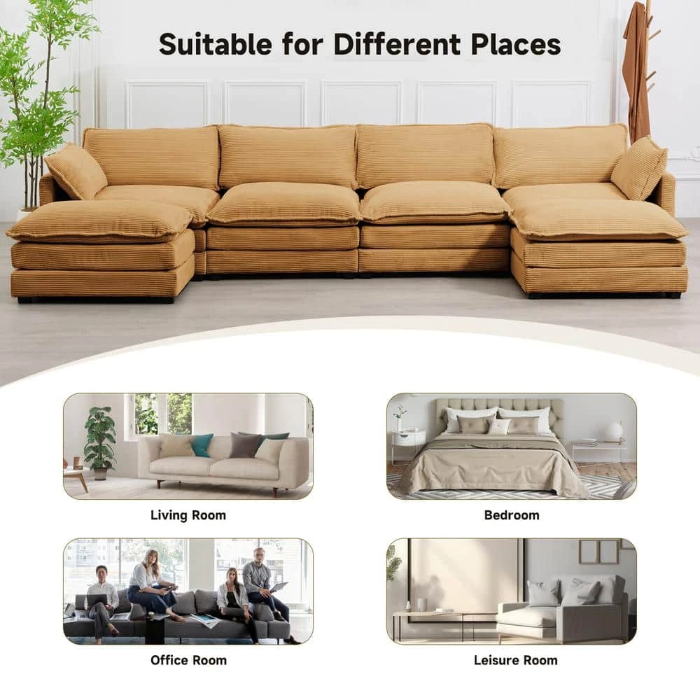 147 In. W 6-Piece Modern Fabric Sectional Sofa With Ottoman In Light Brown 10 147 In. W 6-Piece Modern Fabric Sectional Sofa With Ottoman In Light Brown - Image 10