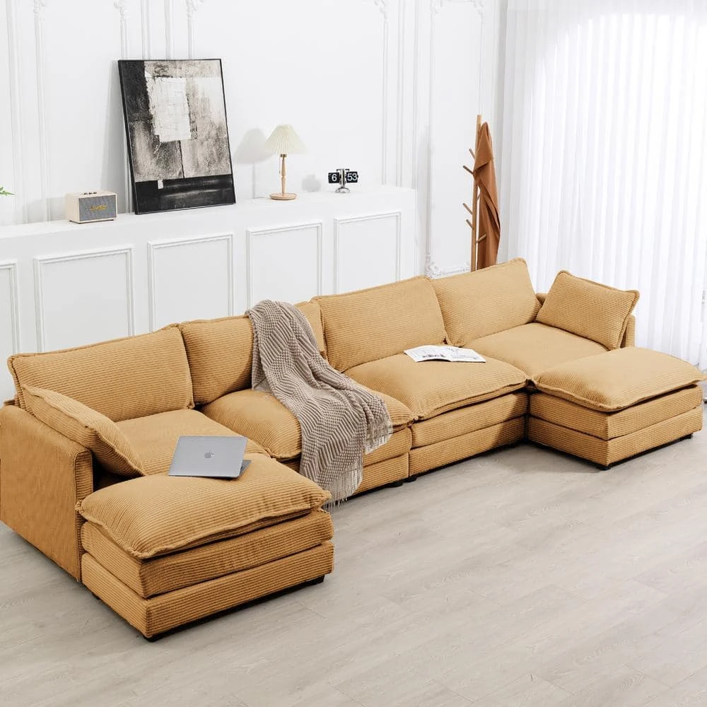 147 In. W 6-Piece Modern Fabric Sectional Sofa With Ottoman In Light Brown 2 147 In. W 6-Piece Modern Fabric Sectional Sofa With Ottoman In Light Brown - Image 2