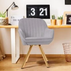 Modern Light Grey Brushed Velvet Swivel Accent Armchair With Metal Legs For Living