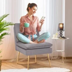 Grey 1-Piece Armless Upholstered Leisure Tight Back Accent Side Chair With Cushion -More Furniture Store light grey jearey ottomans e11xxy hd gy 31 1000