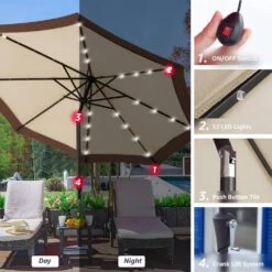 10 Ft. Steel Lighted Market Tilt Solar Umbrella With Crank In Beige And Brown Splicing -More Furniture Store market umbrellas 10dz zzs bbs d4 1000