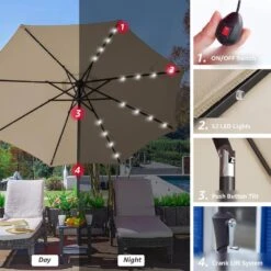 10 Ft. Steel Lighted Market Tilt Solar Umbrella With Crank In Beige -More Furniture Store market umbrellas 10dz zzs beige d4 1000