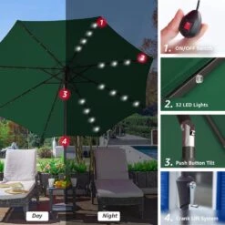 10 Ft. Steel Lighted Market Tilt Solar Umbrella With Crank In Dark Green -More Furniture Store market umbrellas 10dz zzs dg d4 1000