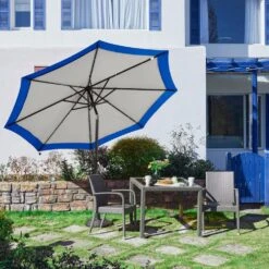 10 Ft. Steel Lighted Market Tilt Solar Umbrella With Crank In Gray And Blue Splicing -More Furniture Store market umbrellas 10dz zzs gbs 40 1000
