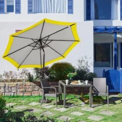 10 Ft. Steel Lighted Market Tilt Solar Umbrella With Crank In Gray And Yellow Splicing -More Furniture Store market umbrellas 10dz zzs gys 40 1000