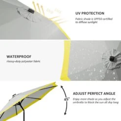 10 Ft. Steel Lighted Market Tilt Solar Umbrella With Crank In Gray And Yellow Splicing -More Furniture Store market umbrellas 10dz zzs gys 66 1000