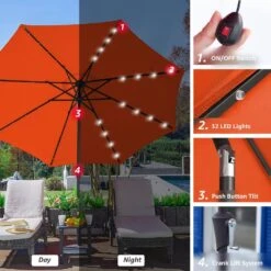 10 Ft. Steel Lighted Market Tilt Solar Umbrella With Crank In Orange -More Furniture Store market umbrellas 10dz zzs orange d4 1000