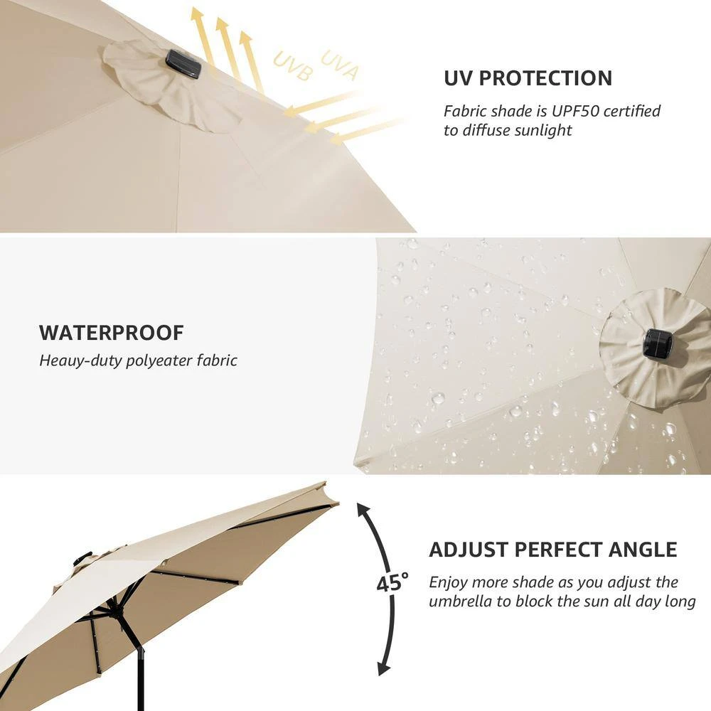10 Ft. Steel Outdoor Patio Market Umbrella With Lights In Beige 5 10 Ft. Steel Outdoor Patio Market Umbrella With Lights In Beige - Image 5