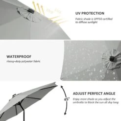 10 Ft. Steel Outdoor Patio Market Umbrella With Lights In Gray -More Furniture Store market umbrellas 11cbzzs gray 4f 1000