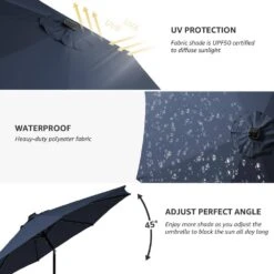 10 Ft. Steel Outdoor Patio Market Umbrella With Lights In Navy -More Furniture Store market umbrellas 11cbzzs navy 4f 1000