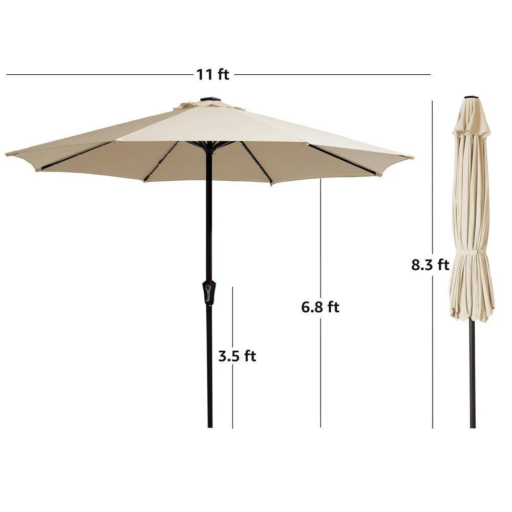 11 Ft. LED Lights Steel Outdoor Market Solar Patio Umbrella In Beige 6 11 Ft. LED Lights Steel Outdoor Market Solar Patio Umbrella In Beige - Image 6