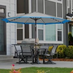 11 Ft. LED Lights Steel Outdoor Market Solar Patio Umbrella In Gray And Blue 9 11 Ft. LED Lights Steel Outdoor Market Solar Patio Umbrella In Gray And Blue -More Furniture Store market umbrellas 11dz zzs gbs 31 1000