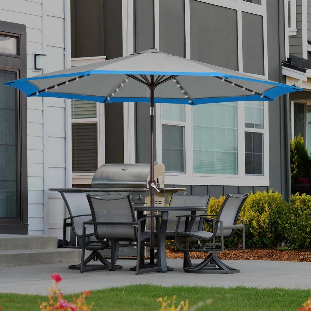 11 Ft. LED Lights Steel Outdoor Market Solar Patio Umbrella In Gray And Blue 5 11 Ft. LED Lights Steel Outdoor Market Solar Patio Umbrella In Gray And Blue - Image 5
