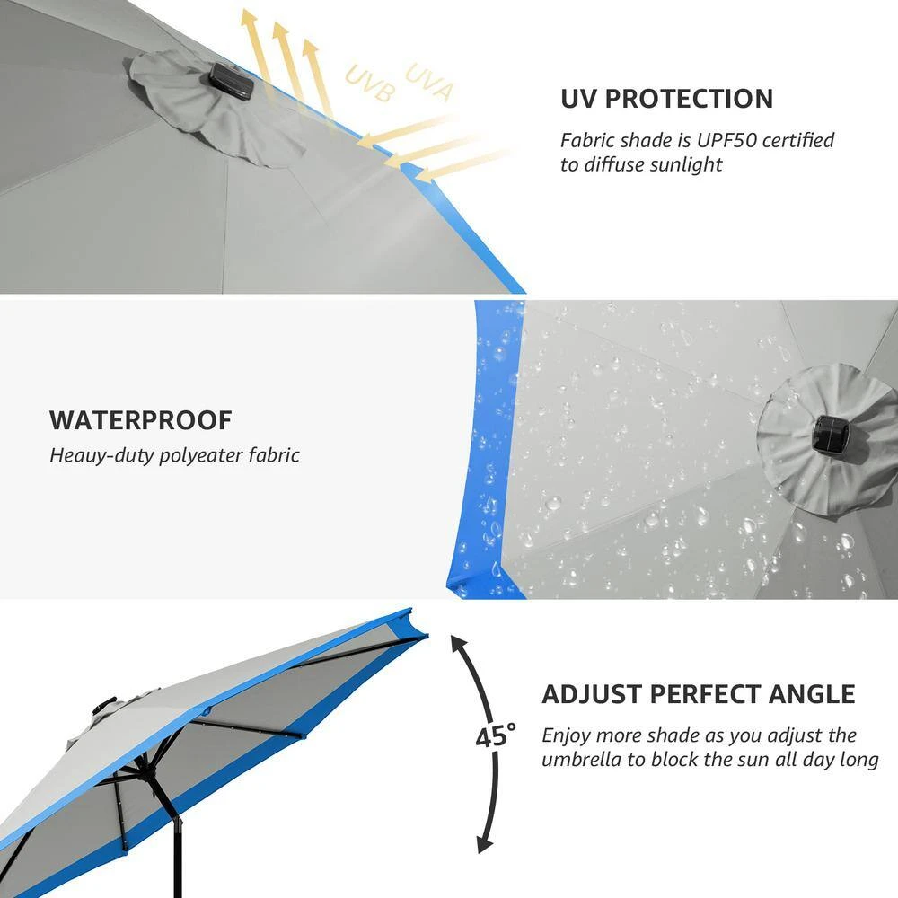 11 Ft. LED Lights Steel Outdoor Market Solar Patio Umbrella In Gray And Blue 3 11 Ft. LED Lights Steel Outdoor Market Solar Patio Umbrella In Gray And Blue - Image 3