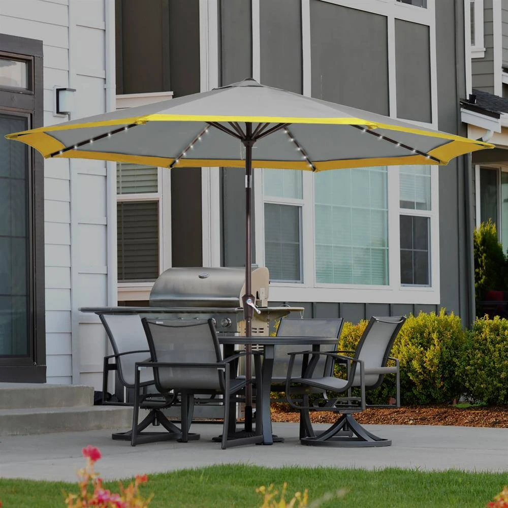 11 Ft. LED Lights Steel Outdoor Market Solar Patio Umbrella In Gray And Yellow 5 11 Ft. LED Lights Steel Outdoor Market Solar Patio Umbrella In Gray And Yellow - Image 5