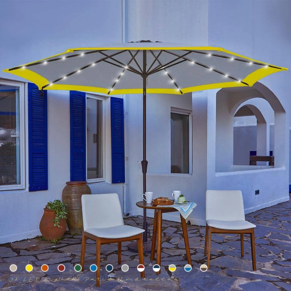 11 Ft. LED Lights Steel Outdoor Market Solar Patio Umbrella In Gray And Yellow 1 11 Ft. LED Lights Steel Outdoor Market Solar Patio Umbrella In Gray And Yellow
