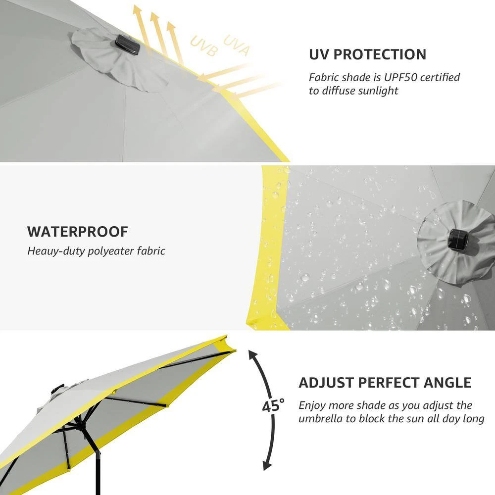 11 Ft. LED Lights Steel Outdoor Market Solar Patio Umbrella In Gray And Yellow 3 11 Ft. LED Lights Steel Outdoor Market Solar Patio Umbrella In Gray And Yellow - Image 3