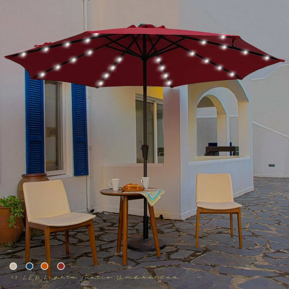 11 Ft. LED Lights Steel Outdoor Market Solar Patio Umbrella In Red 1 11 Ft. LED Lights Steel Outdoor Market Solar Patio Umbrella In Red