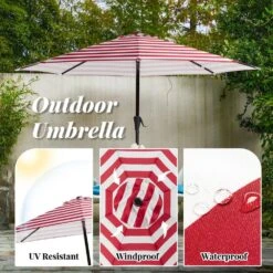 11 Ft. Steel Crank Lift Patio Umbrella In Red And White Stripes -More Furniture Store market umbrellas 11zzs rws 77 1000