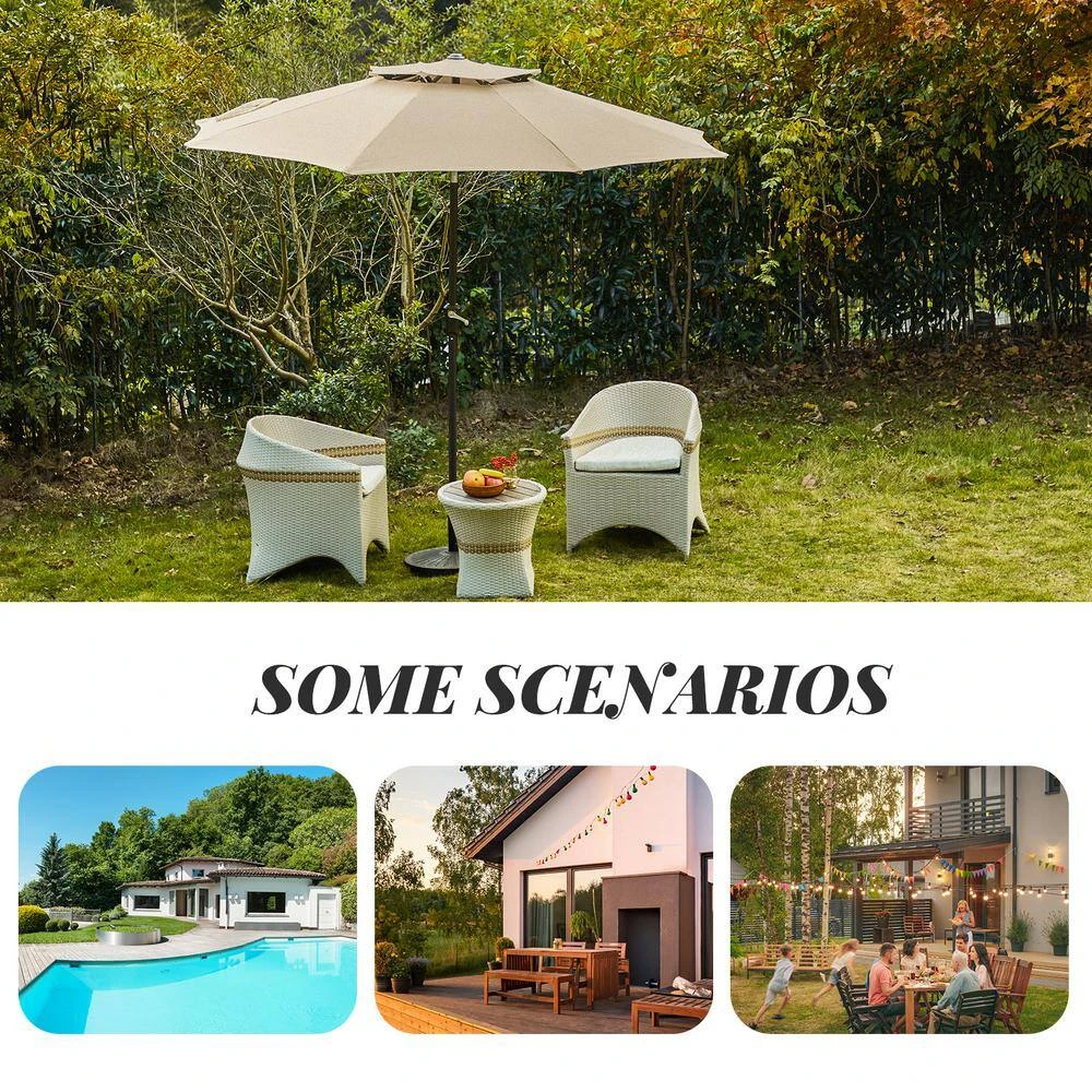 9FT Two Layer Wind Vent Patio Market Umbrella With Push Button And Tilt Crank Lifting In Beige 9 9FT Two Layer Wind Vent Patio Market Umbrella With Push Button And Tilt Crank Lifting In Beige - Image 9