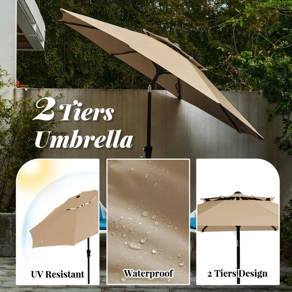 9FT Two Layer Wind Vent Patio Market Umbrella With Push Button And Tilt Crank Lifting In Beige 5 9FT Two Layer Wind Vent Patio Market Umbrella With Push Button And Tilt Crank Lifting In Beige - Image 5