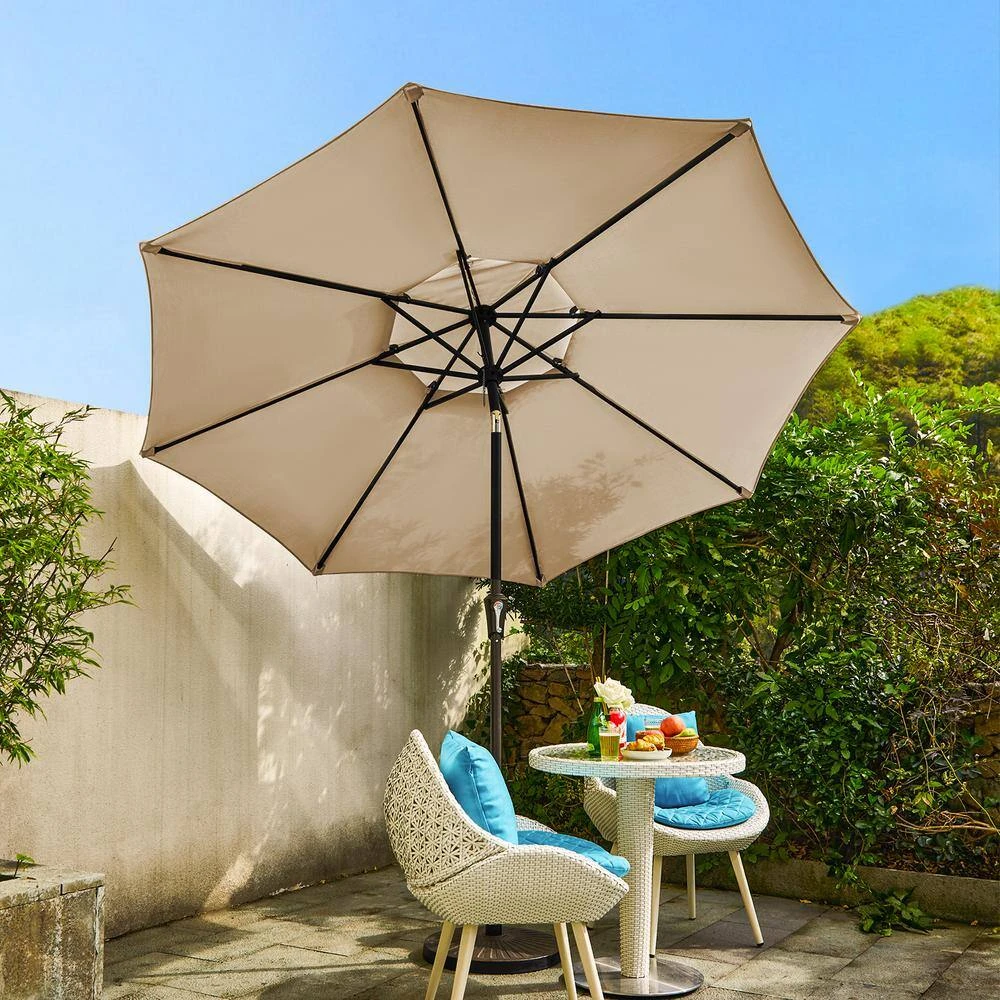 9FT Two Layer Wind Vent Patio Market Umbrella With Push Button And Tilt Crank Lifting In Beige 2 9FT Two Layer Wind Vent Patio Market Umbrella With Push Button And Tilt Crank Lifting In Beige - Image 2